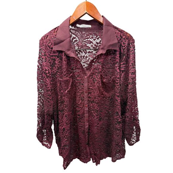 Maurice’s Lace Overlay Blouse Top sz 3X Maroon # H850 - Picture 5 of 6